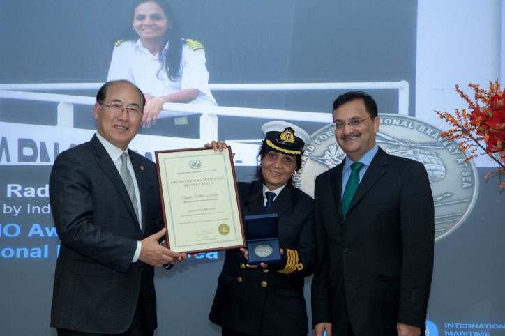 Captain Menon receiving her IMO Award for Exceptional Bravery at Sea